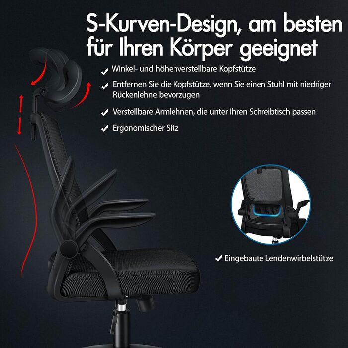 Офісний крісло ALFORDSON з динамічною підтримкою попереку, чорний. Ергономічний поворотний стілець з відкидними підлокітниками для комп'ютера