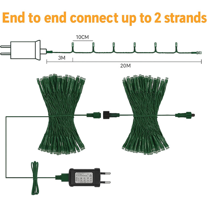 Гірлянда світлодіодна для прикрашання ялинки та фасаду будинку, 20 метрів, 200 LED, 8 режимів, з пультом, таймером, димуванням, вологостійка, тепле біле світло