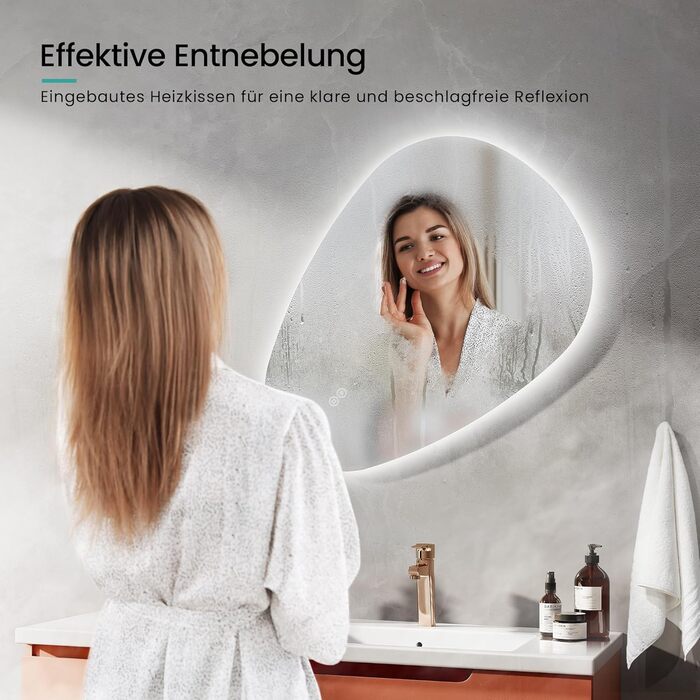 Дзеркало для ванної кімнати EMKE з підсвічуванням 80x60 см, з полицею, антизапар, регульоване холодне біле світло 6500K, сенсорне управління, функція пам'яті, асиметричне дзеркало для ванної кімнати (70L x 50B см)