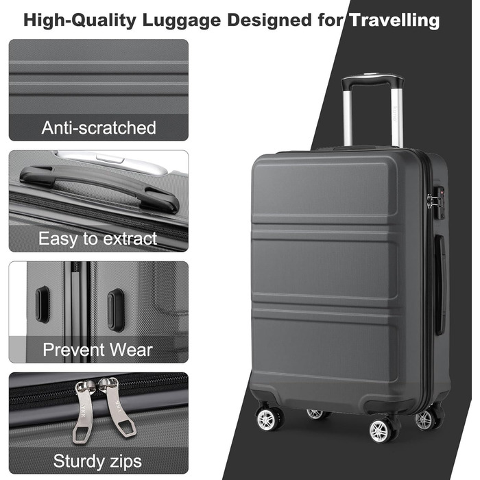 Чемодан середнього розміру KONO 24 дюйми з ABS-пластику з TSA-замком, 4 колеса, 65×44×25.5 см, сірий, 3-секційний набір