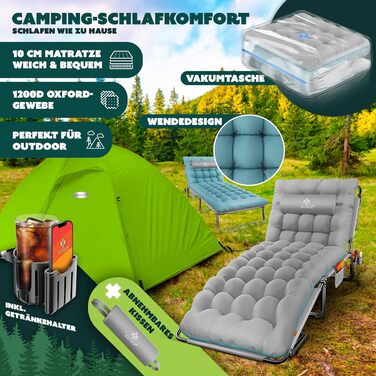 Розкладне кемпінгове ліжко KESSER з преміум-матрацом та подушкою, 190 x 68 x 30 см, витримує до 250 кг, з кишенею та підстаканником, сіре/блакитне