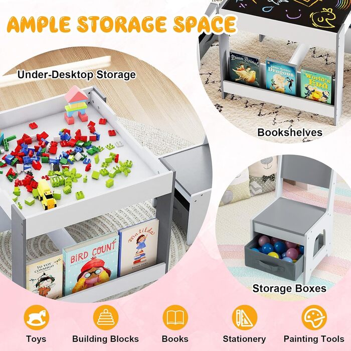 Дитячий стіл LIFEZEAL 3 в 1 з 2 стільцями: стіл для малювання, активностей та обідній стіл. Дерев'яна дитяча група з місцем для зберігання (світло-сірий)