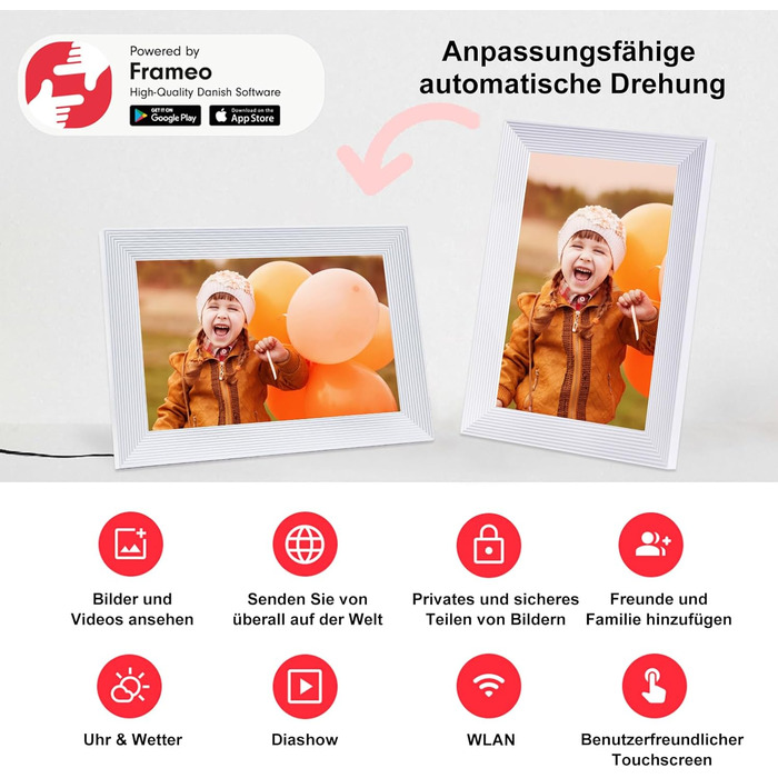 Цифровий фоторамка Frameo 15.6 дюймів, 32 GB, FHD IPS сенсорний екран, Wi-Fi, чорно-білий