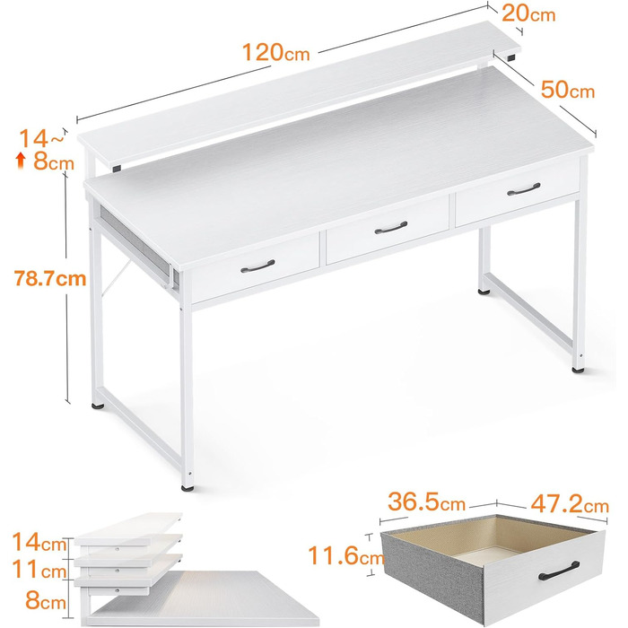 Стіл білий, шухляди, підставка для монітора, регульована по висоті, 120x50x78.7 см