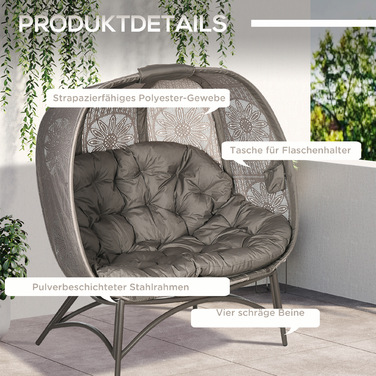 Outsunny Garden Chair 2-місне крісло Papasan зі складним кошиком і подушкою, шезлонг для балкона та тераси, сталь у піску, 126 x 75 x 142 см