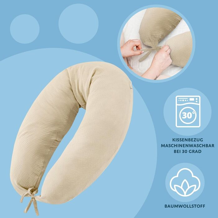 Подушка для сну на боці для малюків Totsy Baby - 190 см, м'яка подушка вагітних, подушка для сну, подушка для годування, муслінова наволочка, сертифікат Oeko-Tex (світло-бежева)