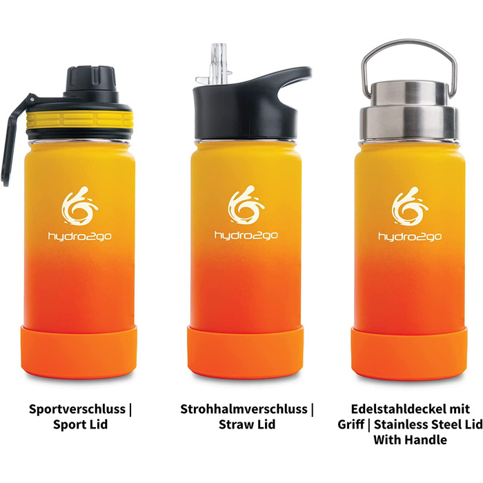 Пляшка для пиття hydro2go з нержавіючої сталі об'ємом 350 мл / 0,35 літра-для дітей, школи, спорту, фітнесу та активного відпочинку Термос пляшка з нержавіючої сталі без BPA 3 Кришки для пиття (Sun)