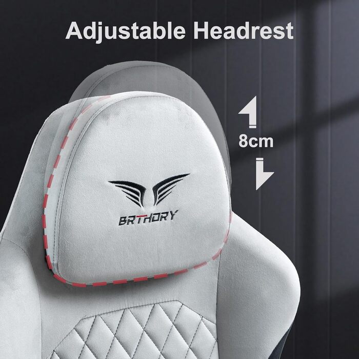 Ігровий крісло BRTHORY Ergonomic Racing з регульованою підголівником, підлокітниками та підніжкою, з тканиною, пружинним сидінням, функцією гойдання, 135°, сірий