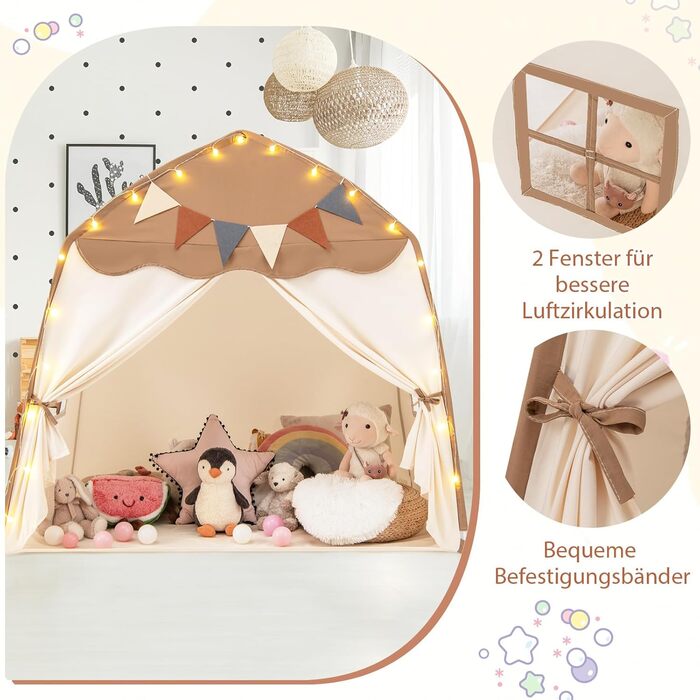 Дитяче намет-ліжко DREAMADE 2 в 1 з гірляндою та прапором, ігровий намет для дитячої кімнати, ігровий будиночок для дітей від 3 років (колір кавовий)