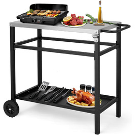 Гриль-вагон LEADZM - гриль-стіл для вулиці, 95 x 45 x 83 см, стіл з нержавіючої сталі срібного кольору, на колесах, мобільний, сервірувальний візок для садів, чорний, 95x45x83 см