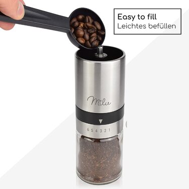 Ручна кавомолка Milu Manuelle – кавомолка для еспресо з керамічним жорном, 6 ступенів помелу, з ложкою та щіткою (срібна)