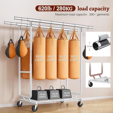 Стійка для одягу на колесах FAVOOOSTY, металева, мобільна, до 200 кг, швидка установка, біла, 2 стяжки