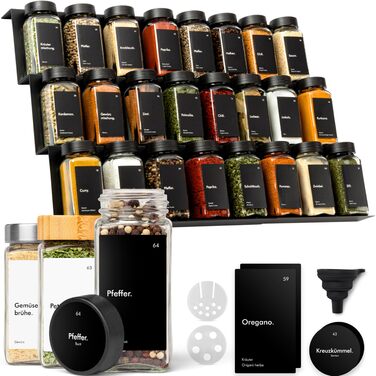 Органайзер для спецій KIVY з полицями та 24 скляними баночками | Регульований, підходить для всіх ящиків | Чорний колір