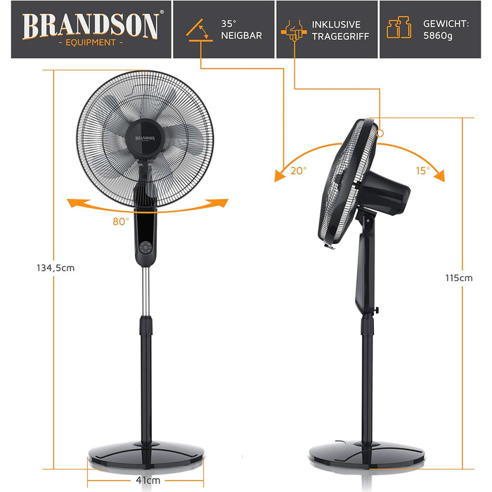 Вентилятор Brandson підлоговий, 60 Вт, з пультом, дисплеєм, осциляцією 80°, регульована висота, 3 швидкості, нахил голови 35°, чорний