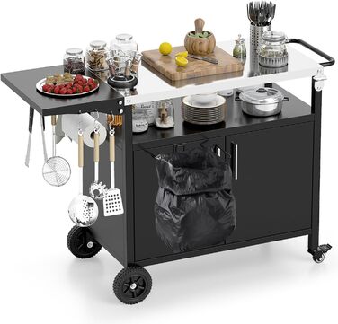 Grillwagen COSTWAY Outdoor: гриль-стіл з нержавіючою сталлю, відкидним бічним столиком, шафкою, 6 гачками та ручкою, до 100 кг, металевий столик для кемпінгу, пікніків, вечірок на відкритому повітрі, 127 x 50 x 84 см