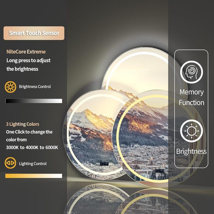 Дзеркало для ванної кімнати LUVODI круглої форми з підсвічуванням: LED дзеркало 60 см з фоновою та фронтальною підсвіткою, 3 кольори, регулювання яскравості, сенсорне управління, антизапар, енергозбереження, для ванної кімнати, гостьового туалету (Bluetoo