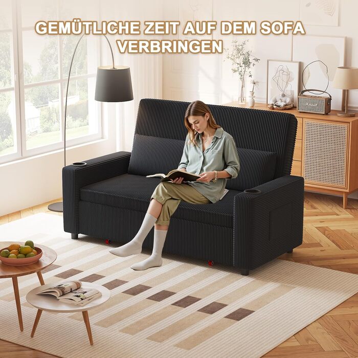 Диван-ліжко JUMMICO 2-місний розкладний з подушками, оббивка корд, чорно-синій, 75x160x93 см. Диван для вітальні та спальні з підсклянником