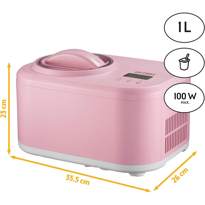 Електрична машина для приготування морозива TZS First Austria 1L з компресором 3 в 1 - для морозива, сорбету та замороженого йогурту, з мірним стаканом та лопаткою, рожева