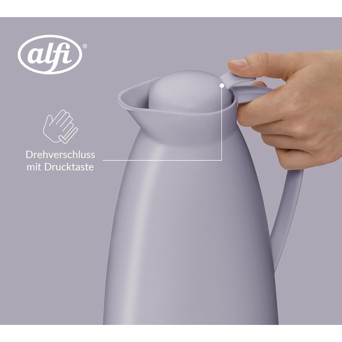 Термос Alfi ECO 1.0л з термоізоляційним скляним вкладишем, пластиковий, з поворотним клапаном та зручною кнопкою, для зручного наливання однією рукою, ідеальний для кави та чаю, BPA-Free, пастельно-ліловий