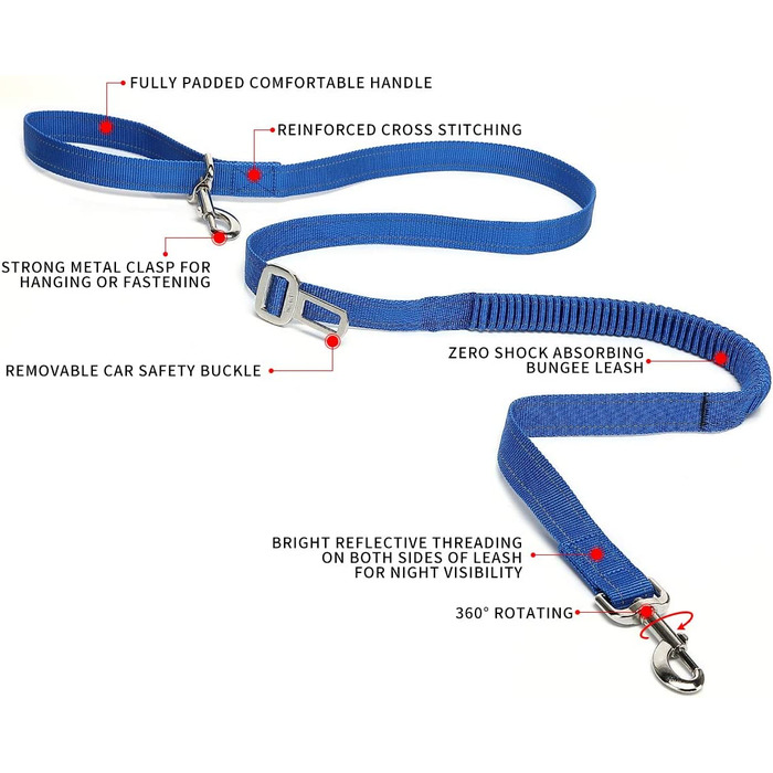 Повідець-банджі TUDEQU 4-В-1 для собак без рук з нульовою амортизацією і багатофункціональної поясний сумкою, повідець 5,8 фута / 178 см з пряжкою автомобільного ременя безпеки і світловідбиваючої різьбленням YBGS BLUE BAG BLUE LEASH