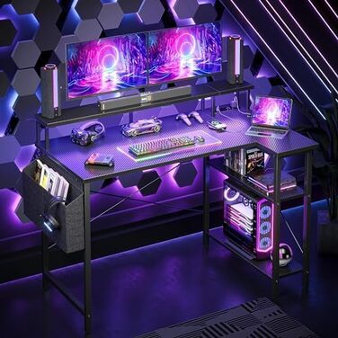 Комп'ютерний кутовий стіл BEXEVUE з розеткою та LED-підсвіткою, 120x70 см. Ергономічний кутовий стіл з полицями, регульований, для роботи та ігор, чорний колір.