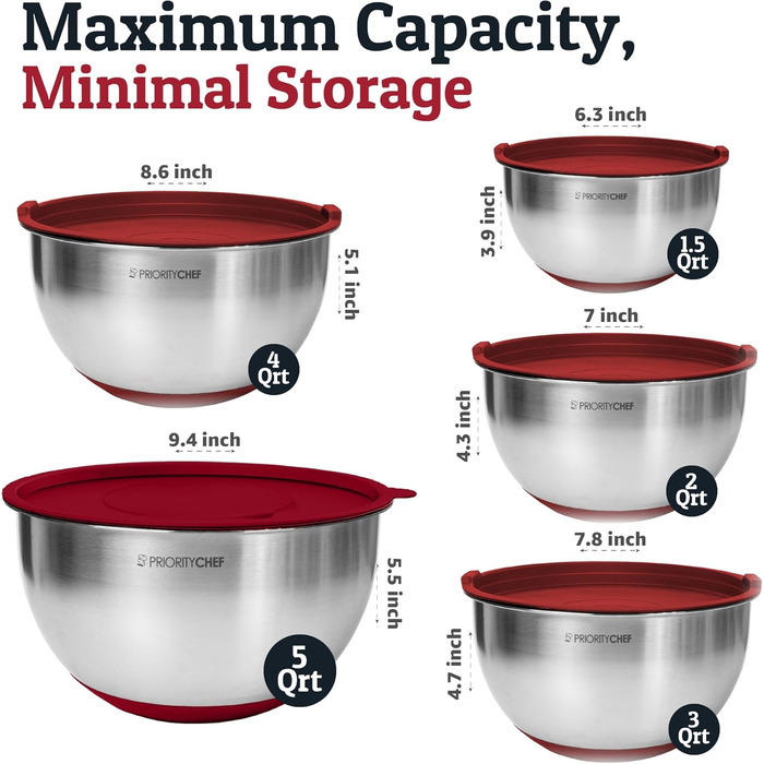 Набір місок для змішування PriorityChef з нержавіючої сталі з кришками, 3 терки, герметичні кришки, силіконова нековзна основа, набір місок для кухні, великі металеві міски для приготування їжі, зелений колір