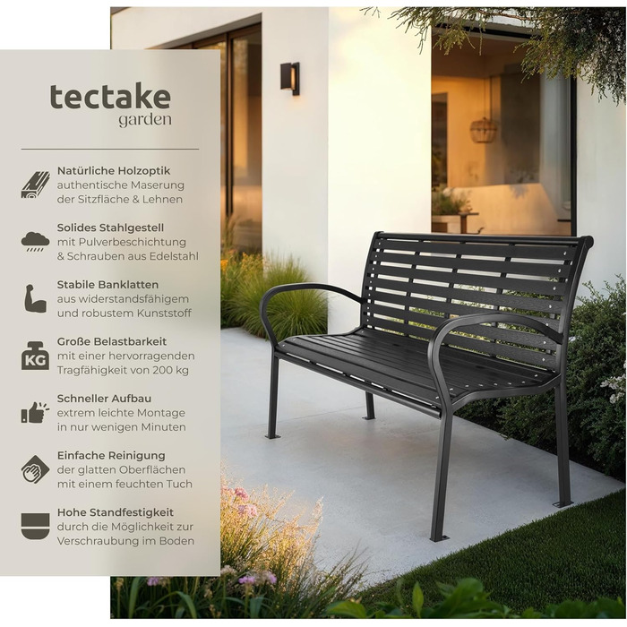 Садова лавка Tectake 3-місна преміум класу, для саду, тераси та балкона, витримує до 200 кг, 126x62x81.5 см, вологостійка дерев'яна лавка