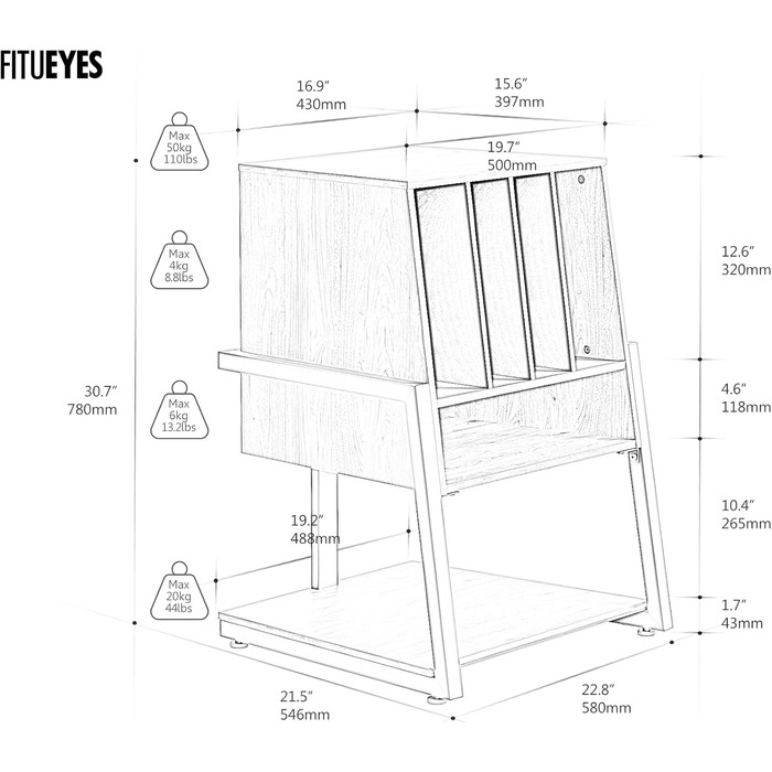 Стіл для програвача FITUEYES Design з дерева та металу, Hi-Fi стійка для програвача, 120 платів, компактна система, полиця для програвача, для вітальні/музичної кімнати