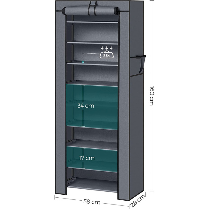 Полиця для взуття SONGMICS з 10 ярусами, 28 x 58 x 160 см, шафа для взуття, зберігання взуття, з пилонепроникним чохлом, органайзер для взуття, для високих підборів, спортивне взуття, металевий каркас, RXJ10H (10 ярусів (28 x 58 x 160 см), сірий)