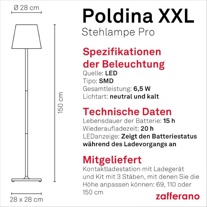 Підлогова лампа Zafferano Poldina XXL Corten з бездротовою зарядкою та сенсорним керуванням, 69-150 см, 2700-3000K, для вітальні та вулиці