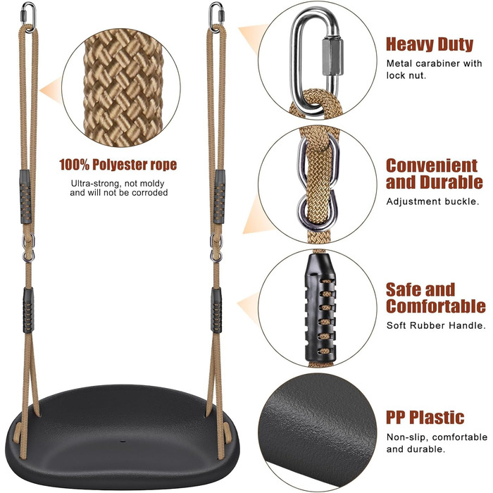 Дитяча гойдалка BeneLabel для дому та саду, пластиковий сидіння, регульоване тросове кріплення 130-200 см, до 113 кг, зелений колір