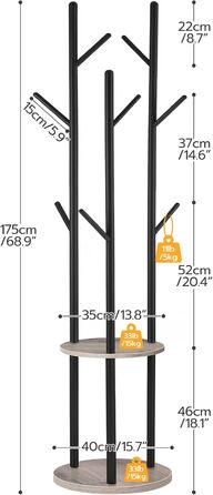 HOOBRO В'яжучий стійка для одягу, дерев'яна, з 8 гачками та 2 полицями, для вітальні, спальні, офісу, темно-коричневий/чорний