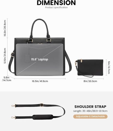 LOVEVOOK Сумка для ноутбука 15.6 дюймів, жіноча, велика, з PU-шкіри, для роботи, навчання, універсальна, чорна