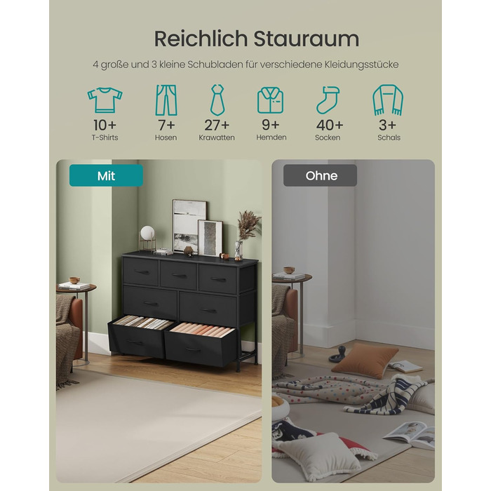 SONGMICS Комод зі 7 висувними ящиками, шафа для зберігання, сталь, MDF, флізелін, для спальні, прихожої, вітальні, білий (LGS323WH01)