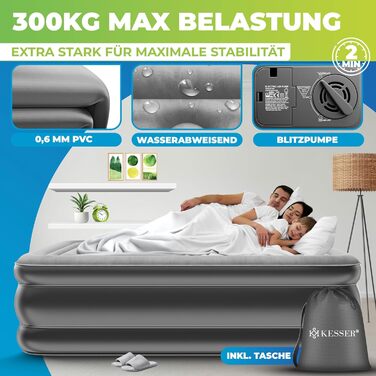 Надувна матрац KESSER® з електричним насосом, 203x152.5x51 см, для дому та кемпінгу, сірий/антрацит