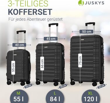 Набір валіз Juskys Hartschale 3 шт. з кодовим замком, тихі колеса 360°, телескопічна ручка, легкі - чорний колір