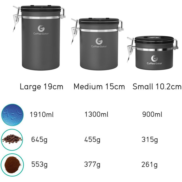 Набір кавових контейнерів Coffee Gator з нержавіючої сталі (2 шт.) – зберігає каву свіжою довше. З датою розкриття, CO2-вентилем та мірною ложкою.