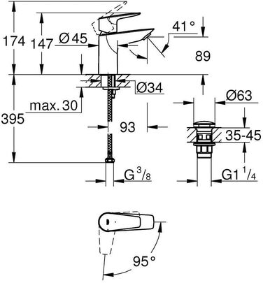 Змішувач для ванної кімнати Grohe StartEdge, економічний, холодна вода в середній позиції, з Pop-Up зливом, 3в1 інструмент, проста установка, хром, 23900001, S-Size, Push-Open, EcoJoy