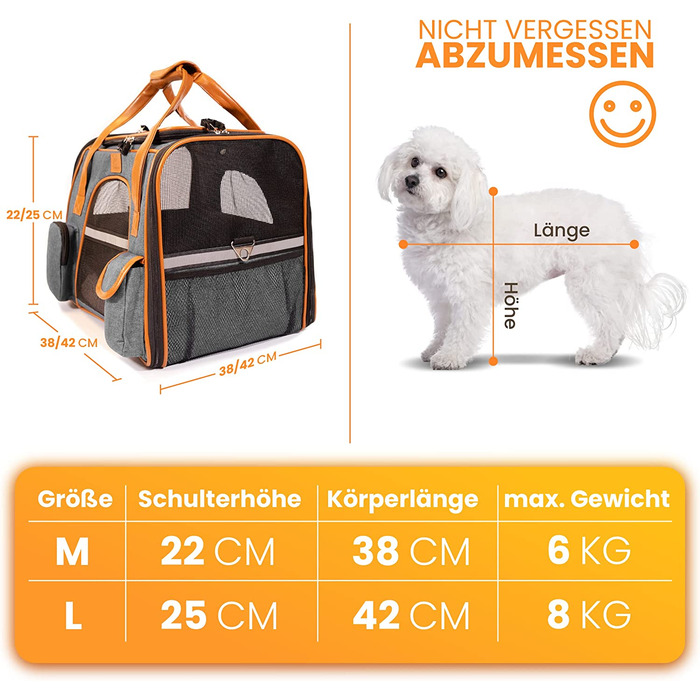 Сумка для домашніх тварин для собак, сумка для кішок до 8 кг - дихаюча сумка для перенесення в автомобілі, поїзді, в дорозі з ременем безпеки-Сумка для перенесення собак-Сумка для перенесення кішок-Переноска-Переноска-Сумка для домашніх тварин 46x34x36 см