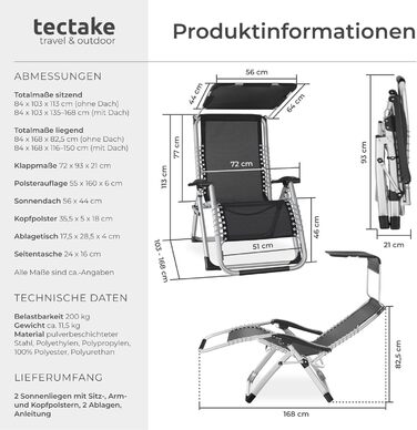 Тектейк® Розкладна сонцеліжко, шезлонг для саду з сонцезахисним дахом, вуличній крісло для балкону або саду, лежак з додатковою товстою подушкою, розслаблююче крісло, витримує до 200 кг - (2 шт. з сонцезахисним дахом, світло-сірий)