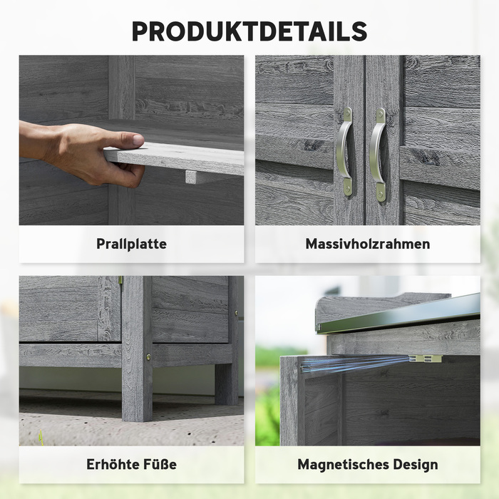 Зручний садовий столик з нижньою полицею та міцною робочою поверхнею з оцинкованої сталі. Має два полиці. Колір: сірий.