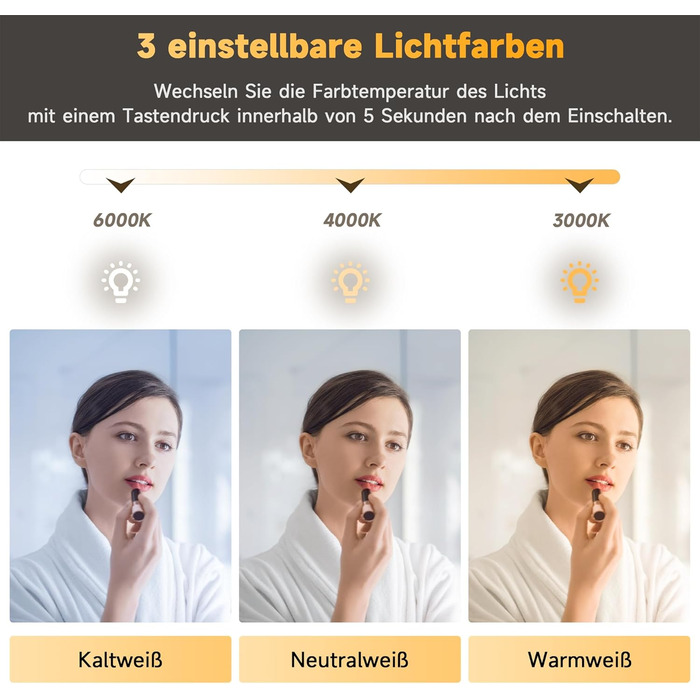 Дзеркало для ванної кімнати SONNI LED з підсвічуванням 50x70 см, сенсорне керування, 3 кольори світла, проти запотівання, функція пам'яті, білий