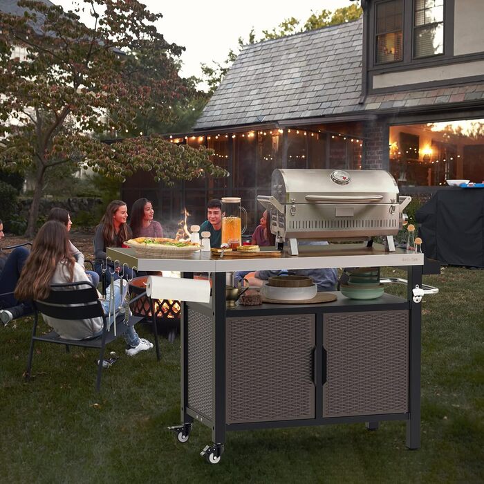 Onlyfire Grilltisch: Робочий стіл для гриля з великою поверхнею, візок для сервірування з колесами, гриль-стіл з відкидними боковими полицями, стільниця з нержавіючої сталі, візок для барбекю, 143.5 × 56 × 91 см, двостулковий