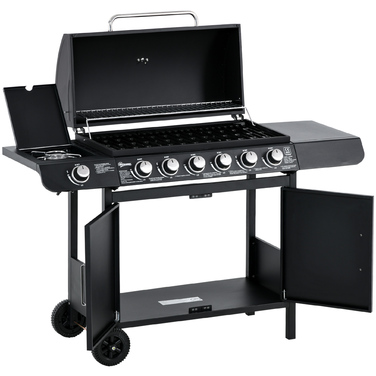 Газовий гриль Outsunny BBQ на коліщатках з 6 пальниками, 1 бічним пальником, шафкою, багатофункціональний, металевий, чорний, 135 x 50 x 100 см | Aosom