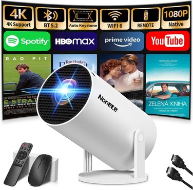 Beamer 4K проєктор: Full HD 1080P, WiFi 6, Bluetooth 5.2, Android, портативний, поворотний 270°, авто-корекція Keystone, для PC/HDMI/USB, з мишкою та пультом, білий