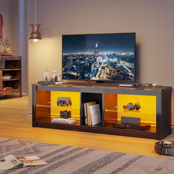 ТВ-тумба Bestier для телевізорів до 65 дюймів, 160x35x52 см з RGB-підсвічуванням та органайзером для кабелів, регульована скляна полиця, темно-коричневий