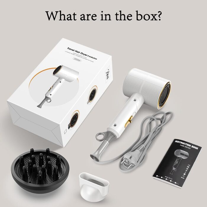 Компактний іонізуючий фен для волосся 2000W, складаний дорожній фен з дифузором та стилізуючою насадкою, швидке сушіння, білий