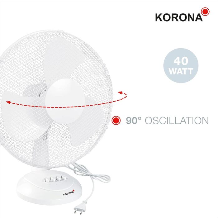 Вентилятор на п'єдесталі з пультом дистанційного керування Korona 81100 Коливання 90 Підставка Вентилятор Тихий діаметр 40 см, 40 Вт Вентилятор Вітрова машина білий (81002 Настільний вентилятор)
