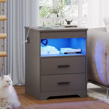 Нічний столик FREDEES з LED-підсвічуванням, ящиком та зарядкою, сірий (2 кольори)