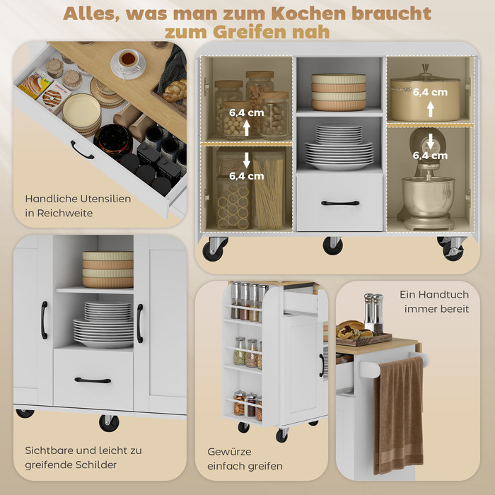 Кухонний острів на коліщатках з розкладним робочим столом, фасади з м'яким закриванням, висувні ящики, тримач для рушників, МДФ, білий